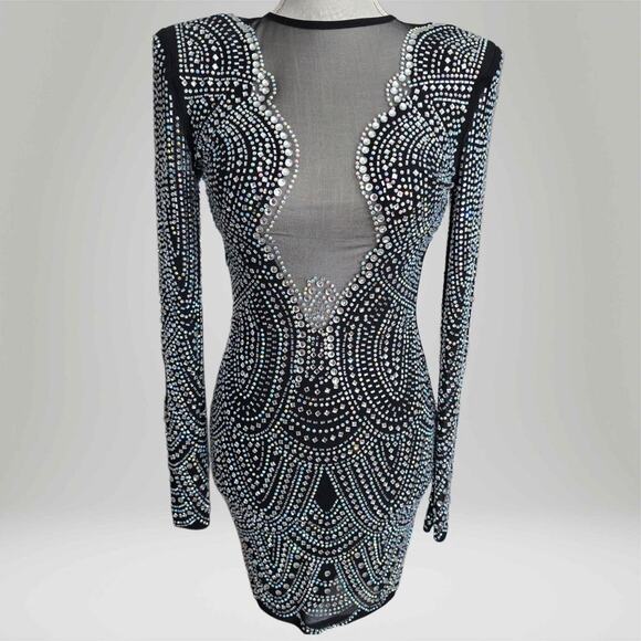 NWT SEXY black embellished midi length sheer cocktail party dress size s/m. - Picture 3 of 8